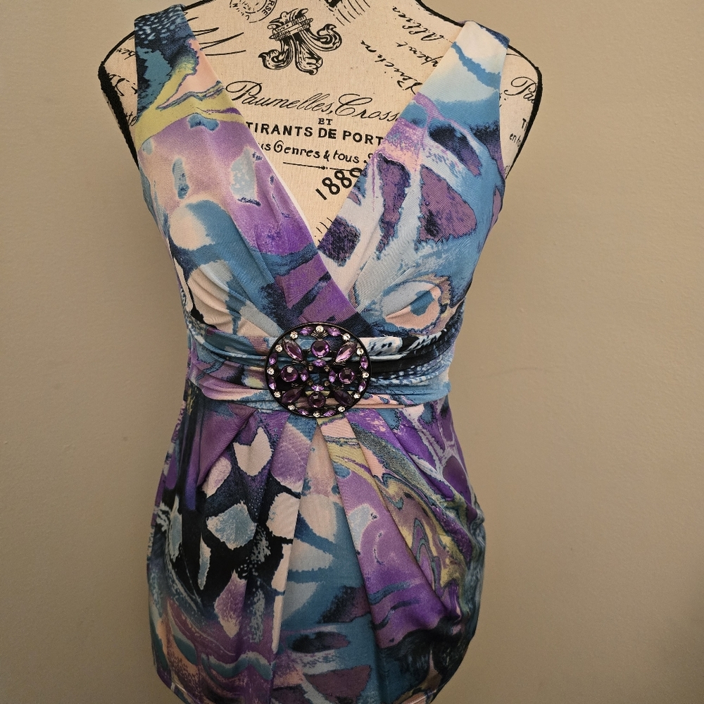 Cache multicolor top with rhinestone detail S